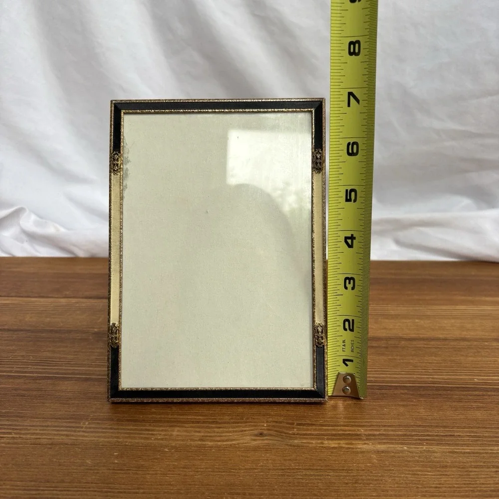 Vintage Brass Tone 5x7 Picture Frame Black & White Ribbon Trim Glass Easel Back